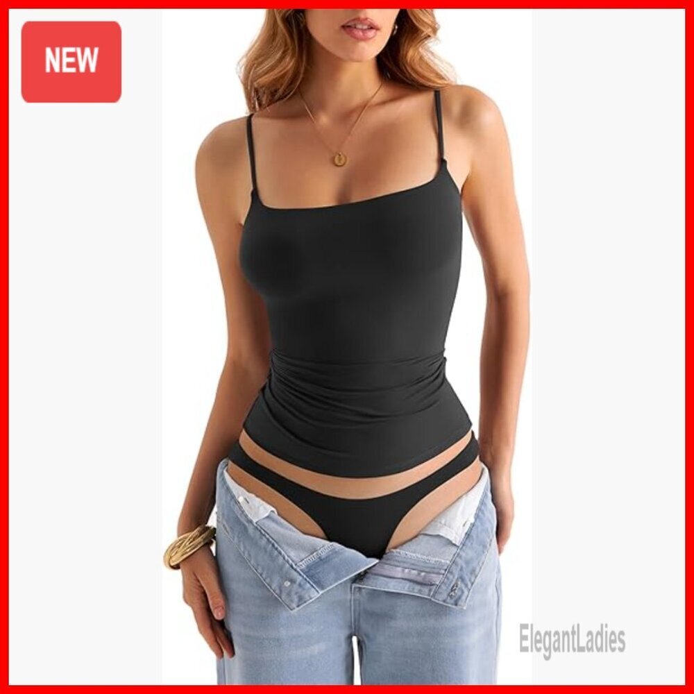 Double Lined Square Neck Tank Top Adjustable Spaghetti Strap Camisole Y2K